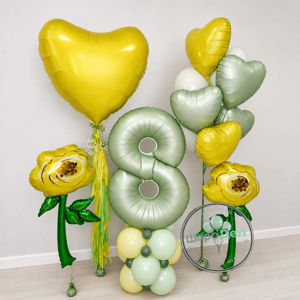 Композиция Оливковая с пионами и цифрой 8