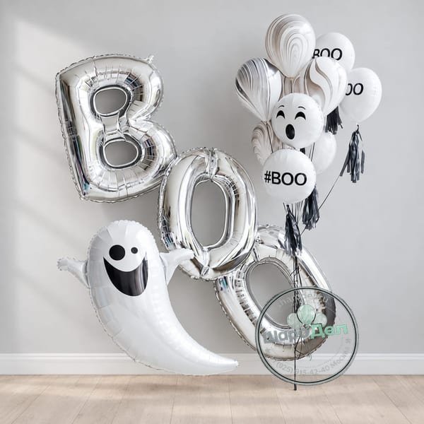 Композиция из шаров на Хэллоуин «Серебряное BOO с привидением»