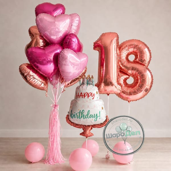 Цифра «18» с розовыми сердцами и тортом